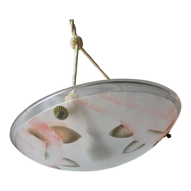 Lighting Fixture Glass Bowl With Airbrush Foliage Mid Century For Sale