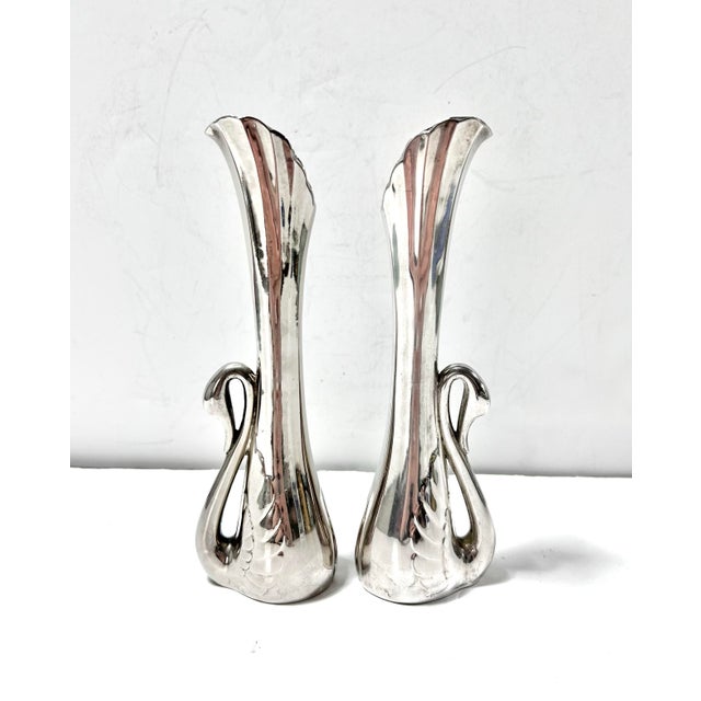 Art Deco Vintage Silverplate Swan Bud Vases, Sculptural Pair For Sale - Image 3 of 7