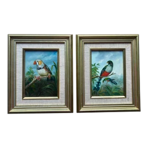 Vintage Realistic Framed Pair of Bird Oil Paintings on Board