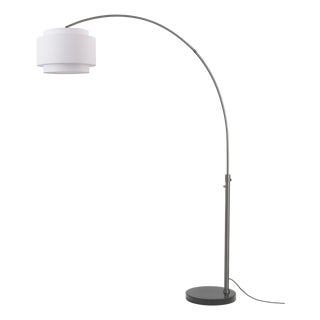 Coronado 92 Inch Arc Lamp by Nova of California - Black Nickel Steel, Black Marble Base, White Linen Drum Shade - Peter Morelli 1960 Dimmable For Sale