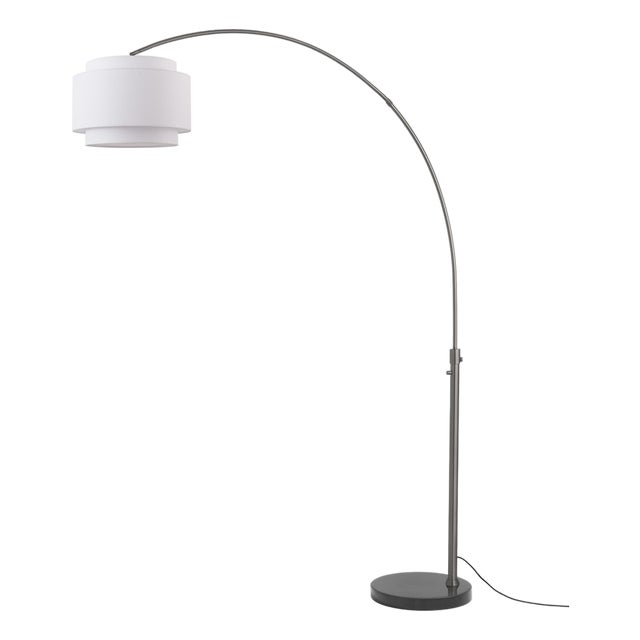 Coronado 92 Inch Arc Lamp by Nova of California - Black Nickel Steel, Black Marble Base, White Linen Drum Shade - Peter Morelli 1960 Dimmable For Sale