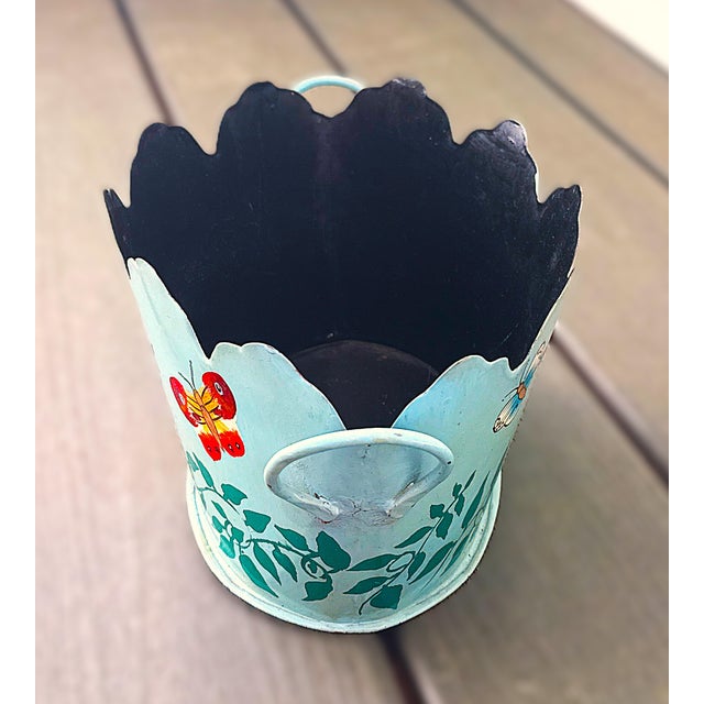 French Vintage Toleware (Tole Ware) Butterfly Cachepot – Teal Hand‑Painted Metal Planter / Jardiniere For Sale - Image 3 of 10