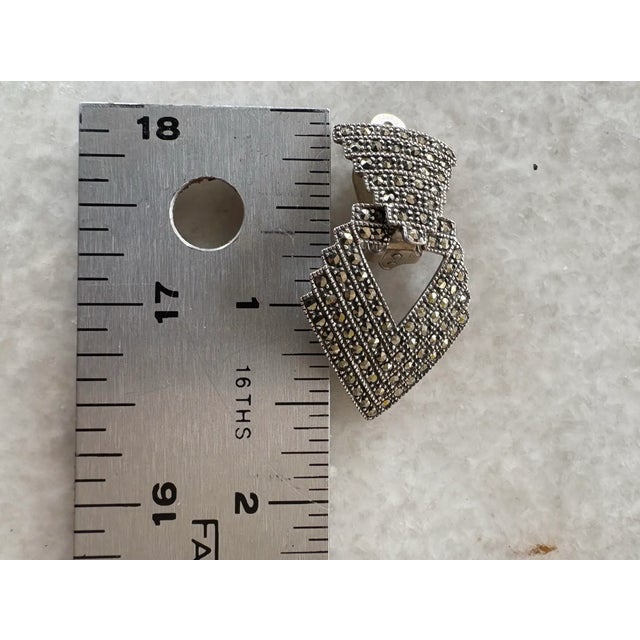 Art Deco Vintage Art Deco Sterling Silver and Marcasite Gatsby Style Chevron Door Knocker Style Clip on Earrings, A Pair For Sale - Image 3 of 4