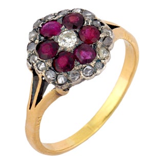 Late 19th Century Victorian Ruby Diamond Cluster 18k Yellow Gold Silver Ring, Size 7.75 For Sale
