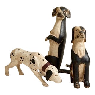 Large Early 20th C Folk Art Carved Dog Trio – Primitive Americana For Sale