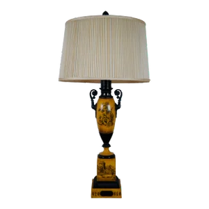 Vintage Late 20th Century French Empire Neoclassical Tole Urn Yellow Toile Table Lamp