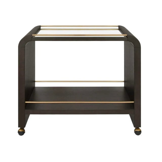 Chic espresso oak wood and brass bart cart. With clear glass top. 36" W X 32" H X 20" D Width: 36.00" Height: 32.00"...