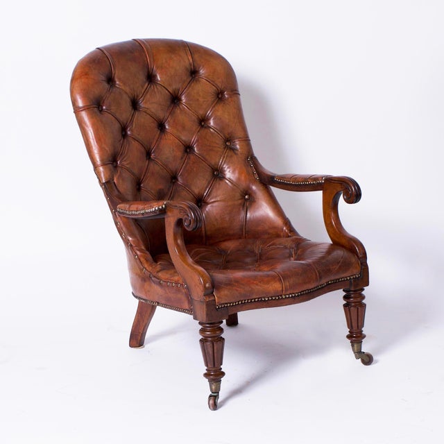 Antique Pair of English Button Tufted Leather Armchairs | Chairish