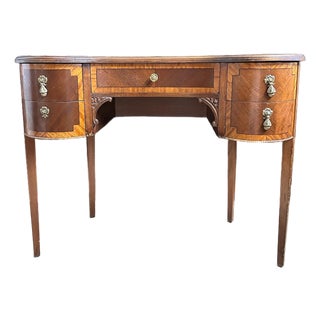 Vintage Sheraton Revival Kidney-Shaped Mahogany Desk With Satinwood Inlay For Sale