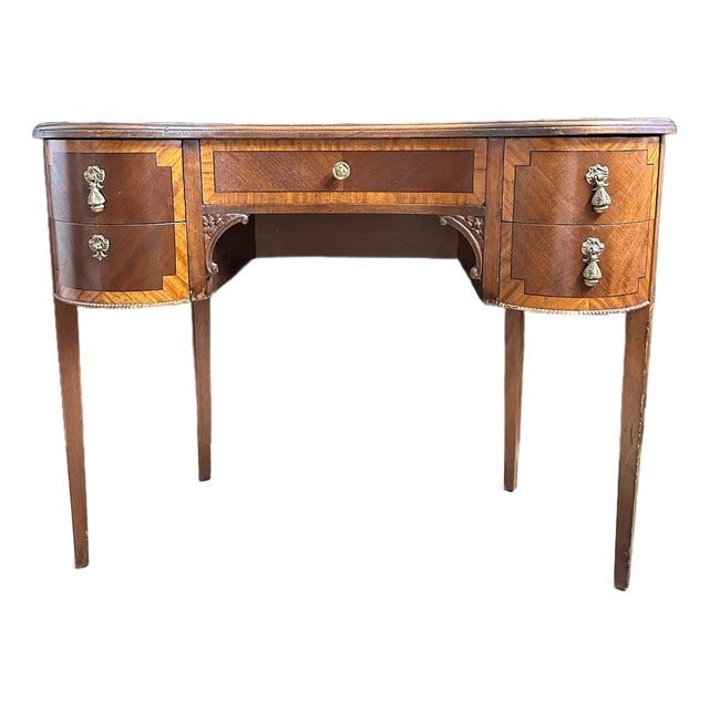 Vintage Sheraton Revival Kidney-Shaped Mahogany Desk With Satinwood Inlay For Sale