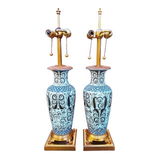 Late 20th Century Pair of Frederick Cooper Floral Lamps With Brass Bases For Sale