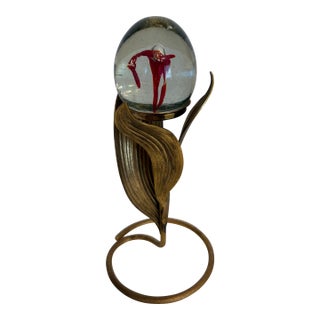 1960s Art Nouveau Stand Holding Murano Style Lily Bud Vessel Hand Blown Glass Inside Sphere For Sale