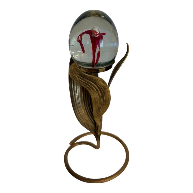 1960s Art Nouveau Stand Holding Murano Style Lily Bud Vessel Hand Blown Glass Inside Sphere For Sale
