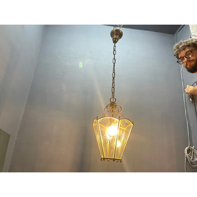 1950s Vintage Brass Etched Glass Latern Pendant Light, 1950s For Sale - Image 5 of 9