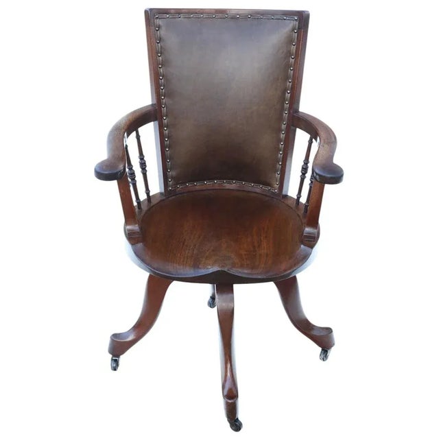 Antique Mahogany and Leather Swivel Captain's Chair, 1900s For Sale - Image 12 of 12