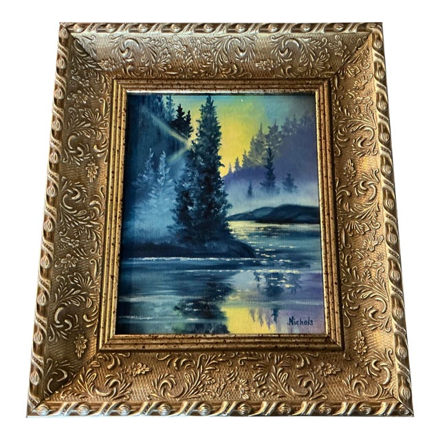 1980s Beautifully Framed Tree and Water Painting in Blue and Yellow For Sale
