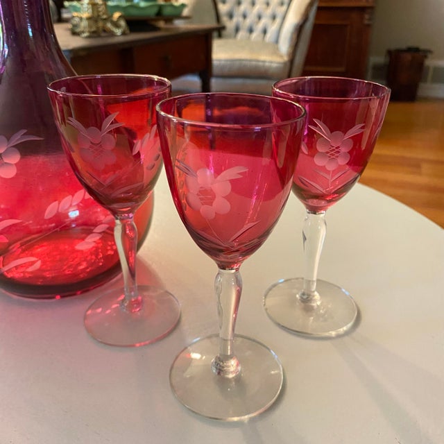 Cranberry Glass Decanter 6 Port Glasses and Shot Glass Stopper For Sale - Image 9 of 14