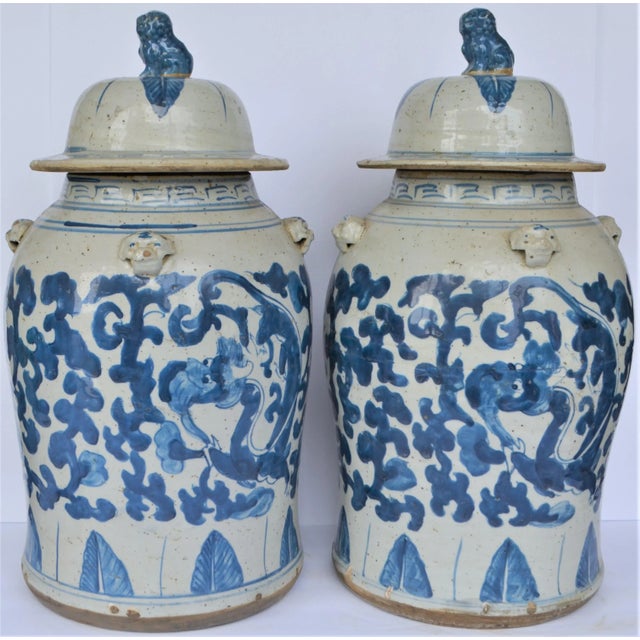 Contemporary Large Chinoiserie Blue and White Scroll and Leaf Ginger Jars - a Pair For Sale In Houston - Image 6 of 6