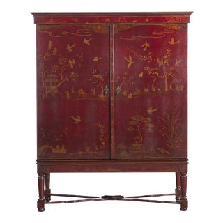 Rose Tarlow Armoire, Chinoiserie William & Mary Styled Cabinet With Red Floral Motif For Sale
