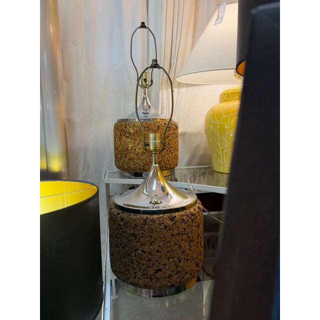 Vintage Mic Century Modern 1970s Chrome and Cork Lamps a Pair For Sale - Image 10 of 10