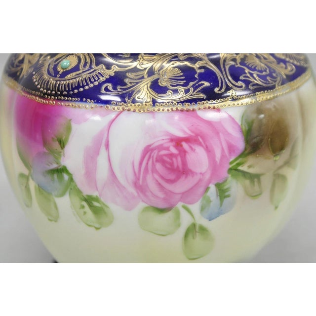 Antique Nippon Hand Painted Moriage Pink Rose Porcelain Biscuit Jar Vase For Sale - Image 11 of 16