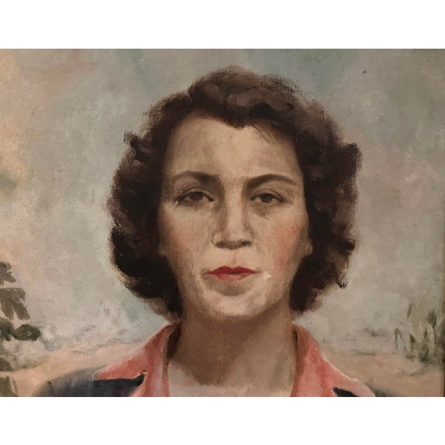 A charming, 1940’s era portrait painting by artist J. Anduaga. Features a beautiful woman with a brunette bob attired in a...