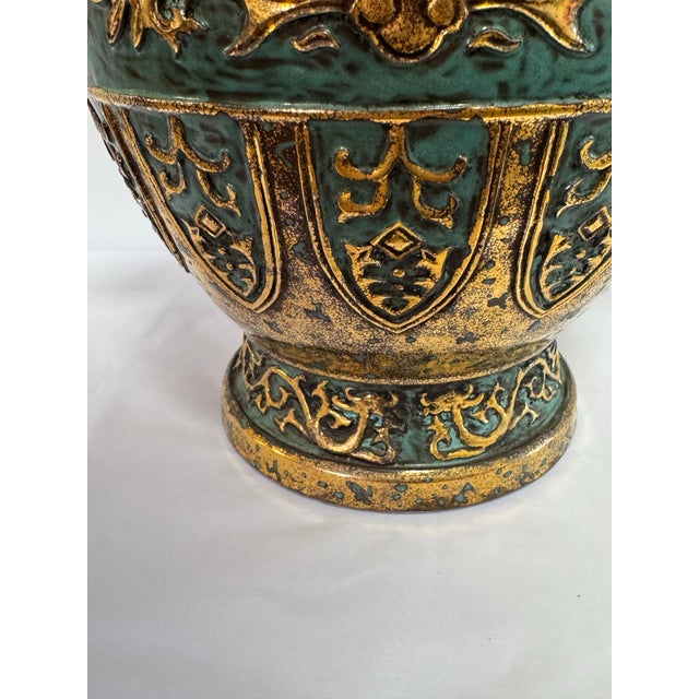 Chinese Chinese Style Gilt Bronze Vase With Dragon Handles & Verdigris Patina For Sale - Image 3 of 9