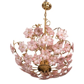 Vintage Murano Glass Chandelier Pink Flowers, 1970 For Sale