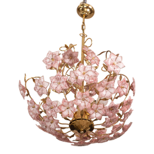 Vintage Murano Glass Chandelier Pink Flowers, 1970