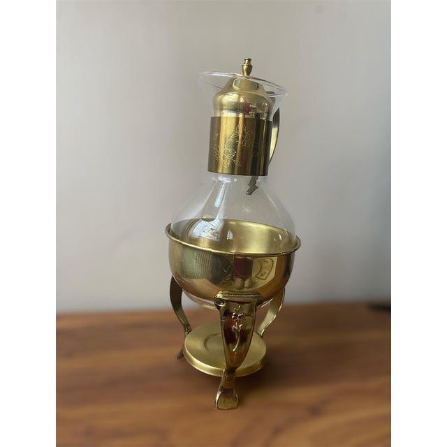 Vintage Glass Carafe Coffee Pot & Brass Warmer Stand For Sale - Image 4 of 11