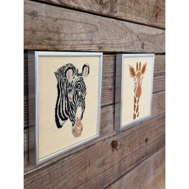 Eggshell Vintage Needlepoint Zebra & Giraffe Framed Wall Art – Set of Two For Sale - Image 8 of 12