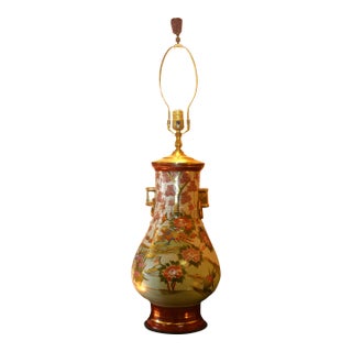 Vintage Chinoiserie Large Oriental Porcelain Brass Table Lamp Orange Gold Pink With Birds Wood Base For Sale