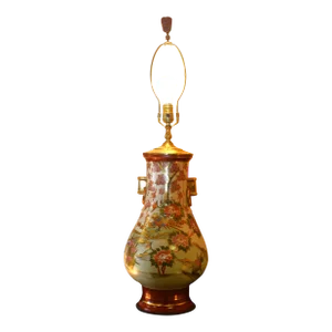 Vintage Chinoiserie Large Oriental Porcelain Brass Table Lamp Orange Gold Pink With Birds Wood Base