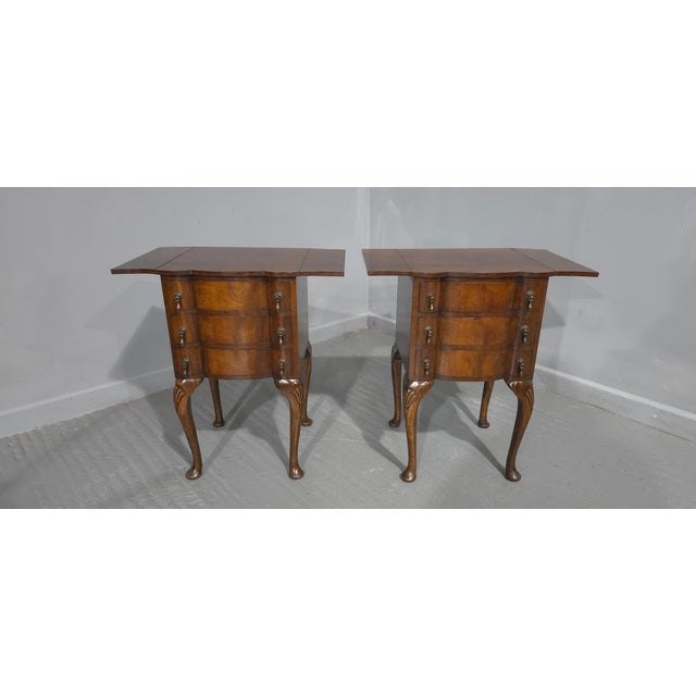 Very good pair of drop flap double serpentine bedside lamp chest of three drawers, with brass handles,in excellent overall...