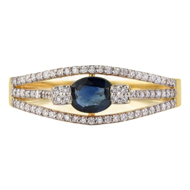 14k Yellow Gold Blue Sapphire & Diamond Split Shank Modern Ring Size 4 For Sale