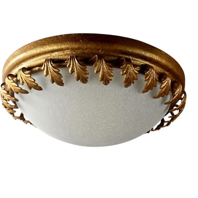 Late 20th Century Pair of Hollywood Regency Gilt Acanthus Leaf & Frosted Glass Flush Mounts For Sale - Image 5 of 15
