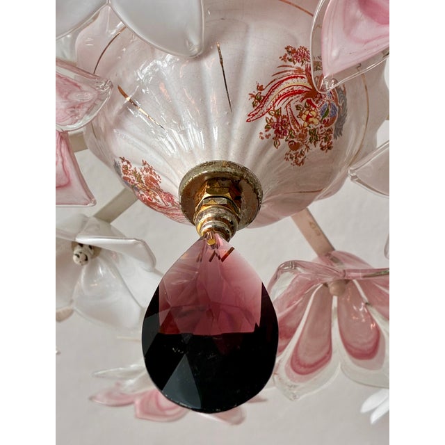 Vintage Murano Style Floral Chandelier – Romantic Pink & White Glass Bouquet Light For Sale - Image 15 of 17