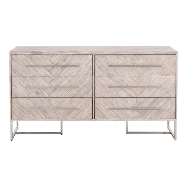 Mosaic 6-Drawer Double Dresser, Grey & Brushed Stainless Steel For Sale