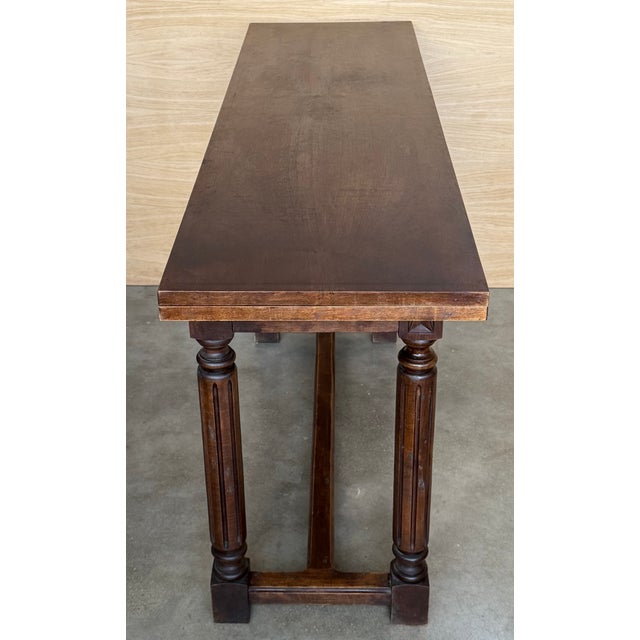 Wood 20th Century Spanish Console Fold Out Farm Table With Wood Stretcher For Sale - Image 7 of 14