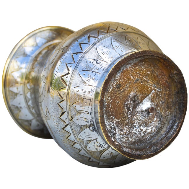 Early 20th Century Handmade Moorish Silver Vase W/ Brass Floral Engravings For Sale - Image 9 of 9