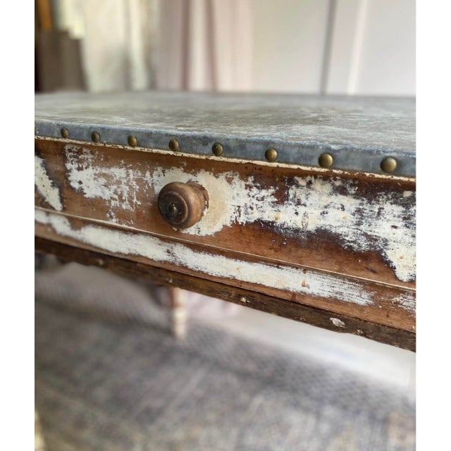 1900 - 1909 Antique French Solid Wood Table With Original Zinc Top For Sale - Image 5 of 6