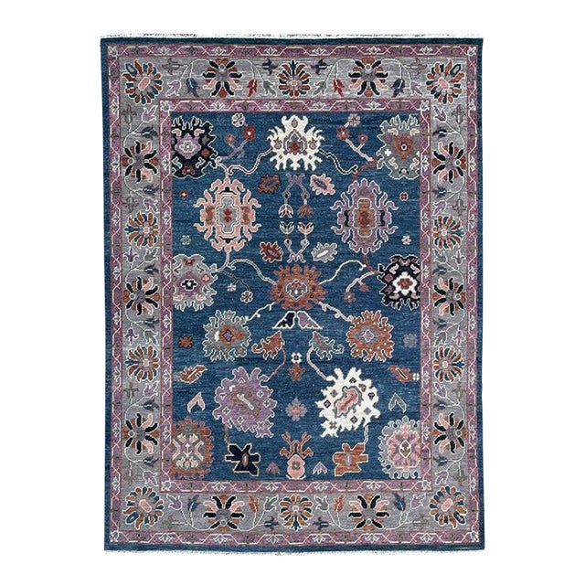 8x10 Blue Hand-Knotted Wool Serpentine Floral Classic Traditional Carpet Rug For Sale