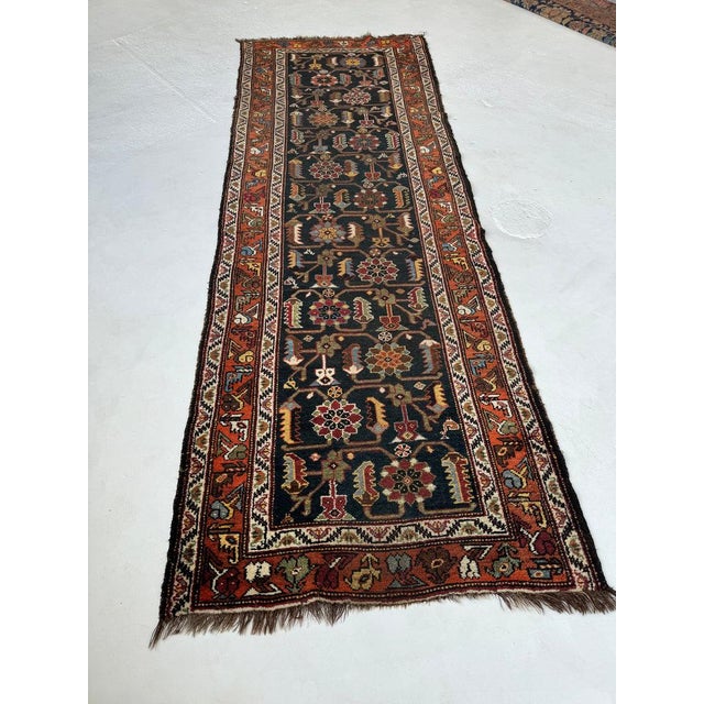 Antique Northwest Persian Runner Army, Sage, Lime Green with Terracotta & Lemon Rug 3.6 x 9.10 For Sale - Image 9 of 10