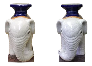 Pair Ceramic Chinese Off White Oriental Elephant Pedestal Figures