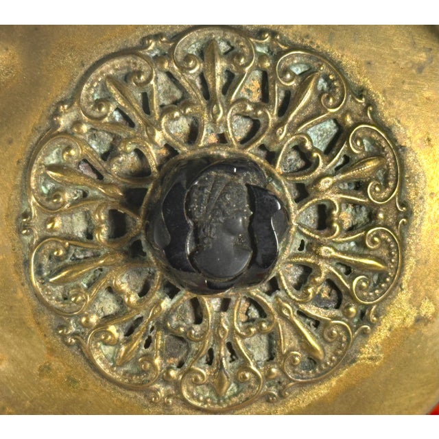 Art Nouveau Antique Ruby Glass Bonbonniere: Filigree Brass Lid, Cameo Decor For Sale - Image 3 of 10
