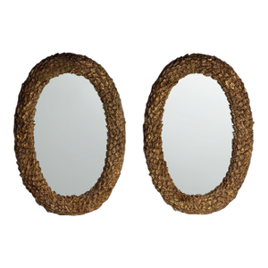 Hollywood Regency, Large Oval Wall Mirrors, Carved Giltwood, Leaf Motif, 21st C.