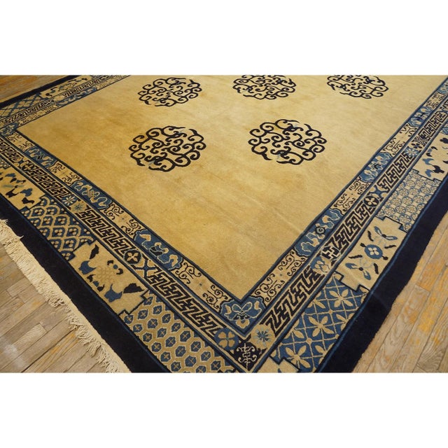 Textile 1880s Tan Camel Dragon Medallion Antique Chinese Peking Qing Knotted Wool Rug For Sale - Image 7 of 9