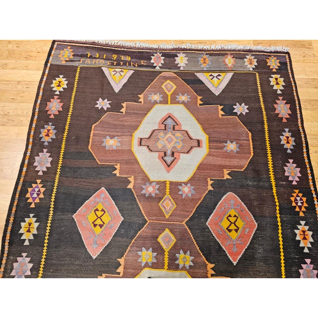 Black Vintage Turkish Kilim Rug, Handwoven Wool, Chocolate Brown, Pale Green, 7x11 For Sale - Image 8 of 15