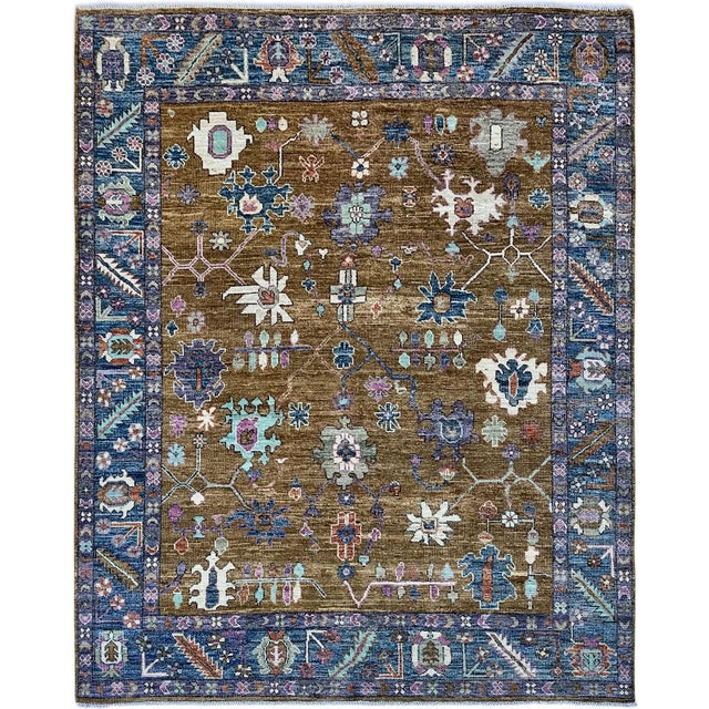 Art Deco Oushak Handmade Wool Rug in Olive Brown and Blue For Sale - Image 3 of 10