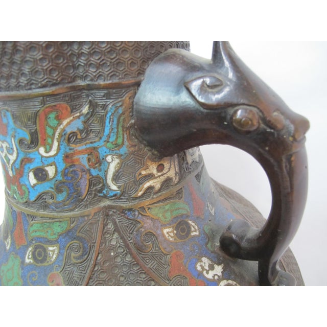 Monumental Chinese Bronze Champleve Enamel Vase With Figural Handles For Sale - Image 4 of 8